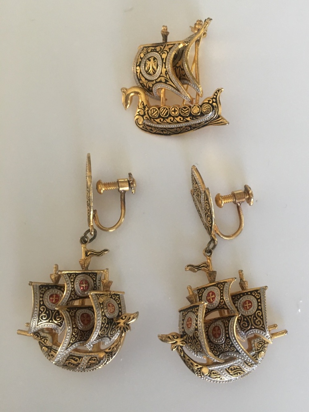 Vintage Spanish Galleon Ship  Brooch & Earrings